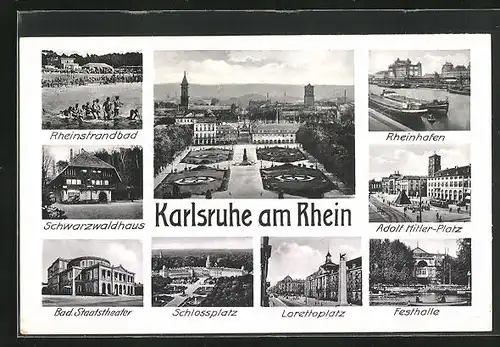 AK Karlsruhe am Rhein, Schwarzwaldhaus, Bad. Staatstheater, Platz