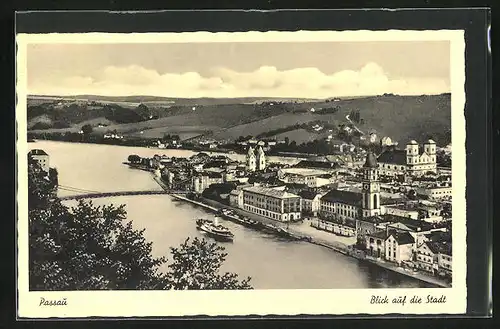 AK Passau, Blick auf den Ort mit Brücke und Dampfboot