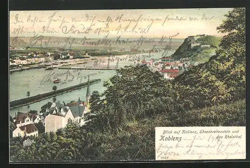 AK Koblenz, Blick auf den Ort, Ehrenbreitenstein und das Rheintal