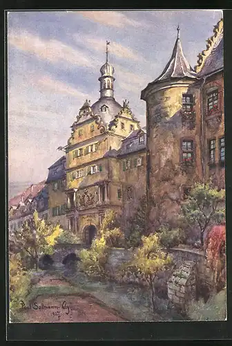 Künstler-AK Bad Mergentheim, Deutsch-Ordensritterschloss, erbaut 1524-1572