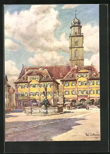 Künstler-AK Bad Mergentheim, Marktplatz mit Kirche