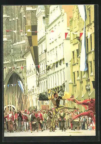 AK Landshut, Volksfest Landshuter Hochzeit 1475, Reisige ziehen singend durch die Stadt