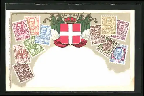 AK Italien, Briefmarken und Wappen des Landes