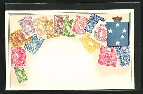 AK Neuseeland, Briefmarken und Wappen des Landes