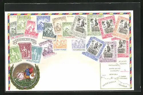AK Barbados, Briefmarken und Wappen des Inselstaates, Landkarte