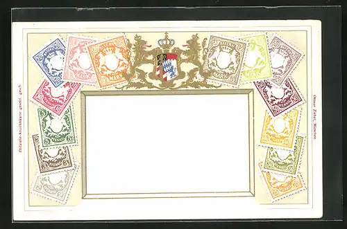 Präge-AK Bayern, Briefmarken und Wappen des Freistaats