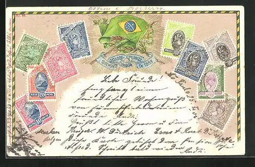 Präge-AK Brasilien, Briefmarken und Landesfahne