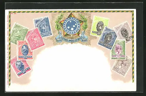 Präge-AK Brasilien, Briefmarken und Landes-Wappen