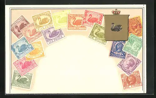 Präge-AK Western-Australia, Landes-Wappen und Briefmarken