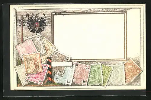 AK Österreich, National-Wappen und Briefmarken