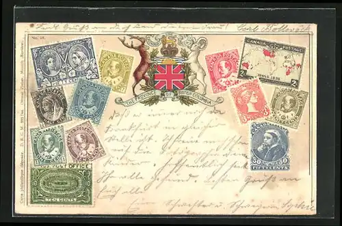 AK British Columbia, Briefmarken und Wappen des Landes