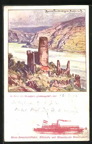 Künstler-AK Bacharach, Rhein-Dampfer Lohengrin, Ruine Fürstenberg