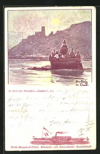 Künstler-AK Caub, Rhein-Dampfer Undine, Die Pfalz bei Nacht