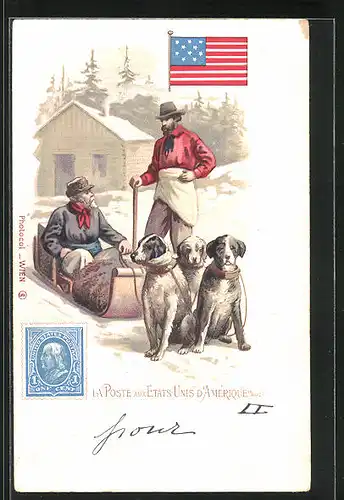 Lithographie Etats-Unis d`Amerique, La Poste, Amerikanischer Postbote mit Hundeschlitten, Flagge und Briefmarke
