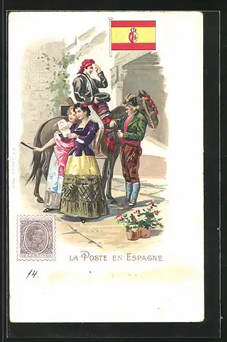 Lithographie Espagne, Frauen erhalten einen Brief, Briefmarke und Flagge