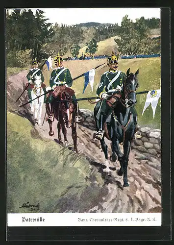 Künstler-AK Döbrich-Steglitz: Patrouille, Bayr. Chevauleger-Regt. 8. I. Bayr. U. R.