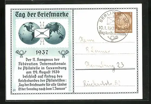 Künstler-AK Luxembourg, 11. Kongress der Fédération Internationale 1936, Weltkugel und Kuvert, Ganzsache