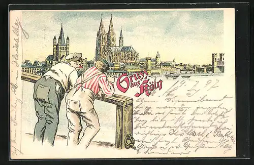 Lithographie Köln, Stadttypen vor Stadt-Panorama mit Dom