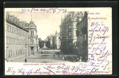 AK Aschaffenburg, Luitpoldstrasse und Monumentalbrunnen