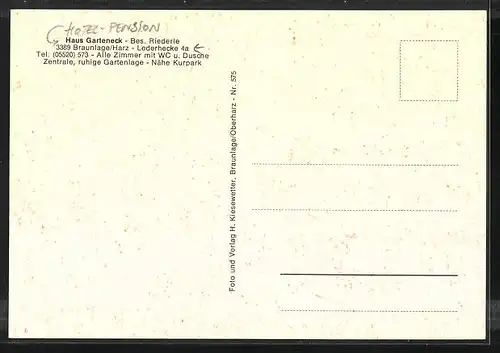 AK Braunlage /Harz, Hotel-Pension Haus Garteneck, Lederhecke 4a