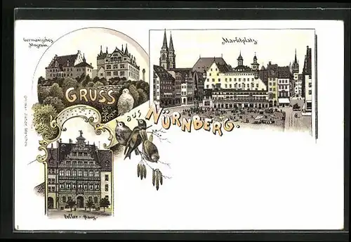 Lithographie Nürnberg, Marktplatz, Germanisches Museum