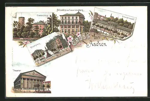 Lithographie Aachen, Kaiserplatz, Frankenburg, Theater