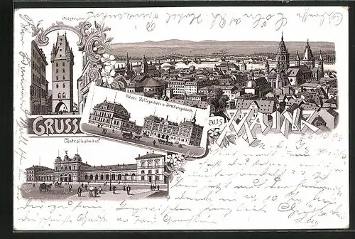 Lithographie Mainz, Ortsansicht, Centralbahnhof, Neues Zolllagerhaus & Directionsgebäude