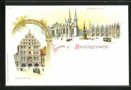 Lithographie Braunschweig, Gewandhaus, Altstadtmarkt