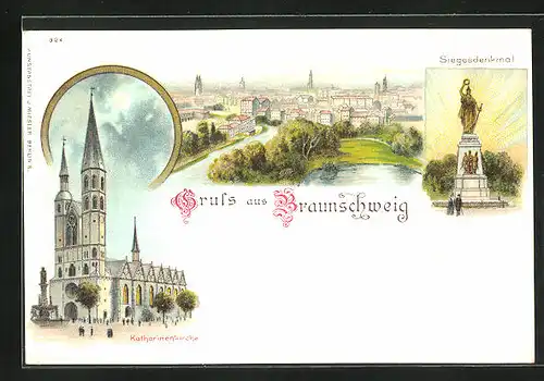 Lithographie Braunschweig, Katharinenkirche, Siegesdenkmal