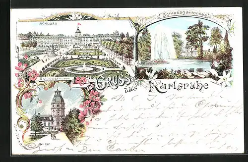 Lithographie Karlsruhe, Schloss, Thurm und Gartensee vom Schloss