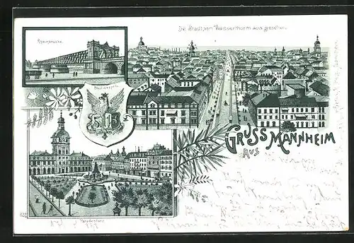 Lithographie Mannheim, Rheinbrücke, Paradeplatz, Ortsansicht