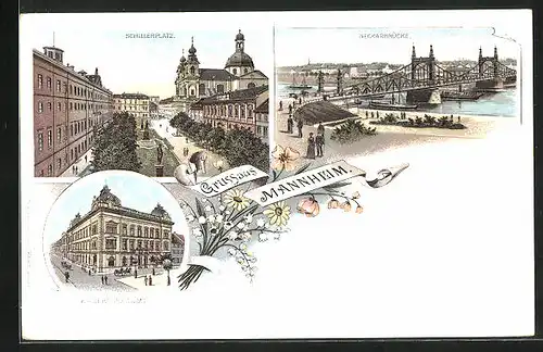 Lithographie Mannheim, Schillerplatz, Kaiserl. Postamt, Neckarbrücke