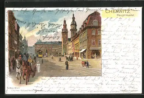 Künstler-AK Chemnitz, Blick auf den belbten Hauptmarkt, Strassenbahn, Kutsche