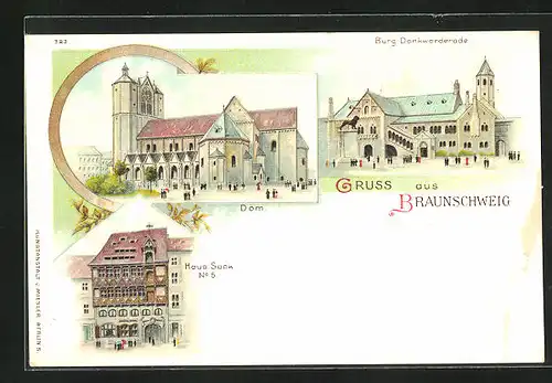Lithographie Braunschweig, Burg Dankwarderode, Dom, Haus Sack No. 5