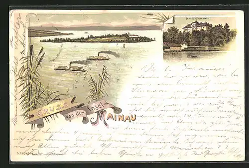 Lithographie Mainau, Blick auf die Insel und Dampfer, Schloss