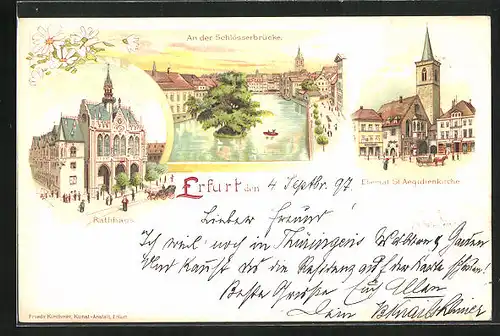 Lithographie Erfurt, Rathaus, An der Schlossbrücke, Ehemal. St. Aegidienkirche