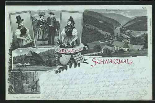 Mondschein-Lithographie Rippoldsau, Blick ins Tal, Schwarzwälder Volkstrachten, Bauernhaus