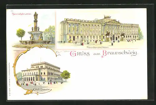 Lithographie Braunschweig, Heinrichsbrunnen, Residenzschloss, Hof-Theater