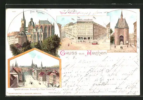 Lithographie Aachen, Münster, Hotel Kaiserhof, Theaterstrasse