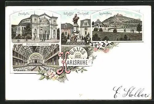 Lithographie Karlsruhe, Festhalle, Scheffel Denkmal, Lauterberg