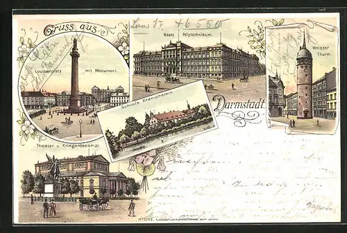 Lithographie Darmstadt, Louisenplatz, Theater, Schloss