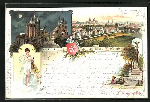 Lithographie Erfurt, Dom bei Mondschein, Ortsansicht, Kriegerdenkmal, Engel