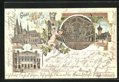 Lithographie Köln, Blick auf den Dom, Gürzenich