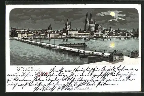 Mondschein-Lithographie Köln, Blick auf den Hafen und die Stadt