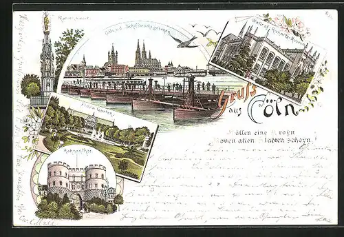 Lithographie Köln, Mariensäule, Flora Garten, Hahnenthor