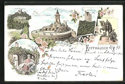 Lithographie Kyffhäuser, Rothenburg, Kaiser Wilhelm Denkmal, Barbarossa