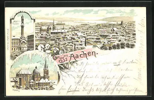 Winter-Lithographie Aachen, Marien-Säule, Dom, Totalansicht