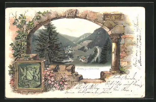 Passepartout-Lithographie Höllsteig /Höllenthal, Totalansicht aus der Vogelschau, Wappen