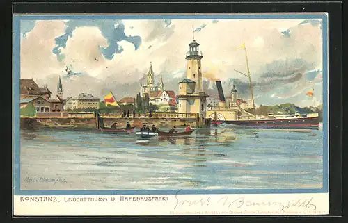 Künstler-AK Zeno Diemer: Konstanz, Leuchtturm und Hafenausfahrt