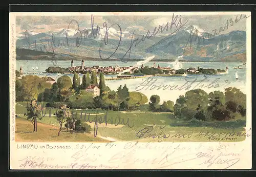 Künstler-AK Zeno Diemer: Lindau /Bodensee, Totalansicht mit Bergpanorama